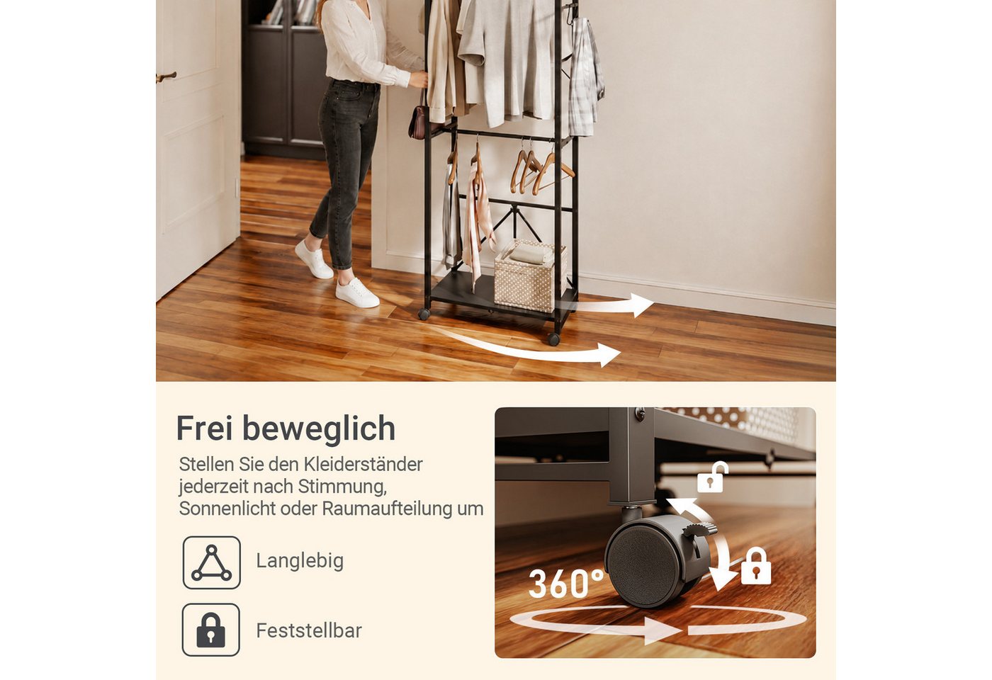 SoBuy Kleiderständer KLS21, Klappbarer Garderobenständer Schmal auf Rollen, (1er Set), mit Kleiderstange, Schuhablage, Haken & Gepäckständer für Schlafzimmer – Bild 4 von 5