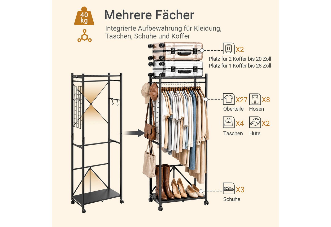 SoBuy Kleiderständer KLS21, Klappbarer Garderobenständer Schmal auf Rollen, (1er Set), mit Kleiderstange, Schuhablage, Haken & Gepäckständer für Schlafzimmer – Bild 5 von 5