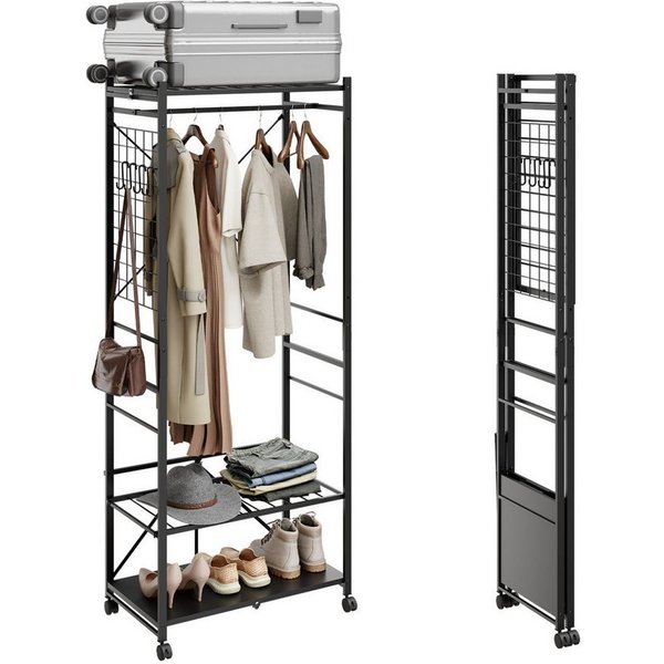 SoBuy Kleiderständer KLS22, Klappbarer Garderobenständer auf Rollen, Wäscheständer Schwarz, (1er Set), Freistehend mit 5 Haken, Gepäckständer & flexibel montier