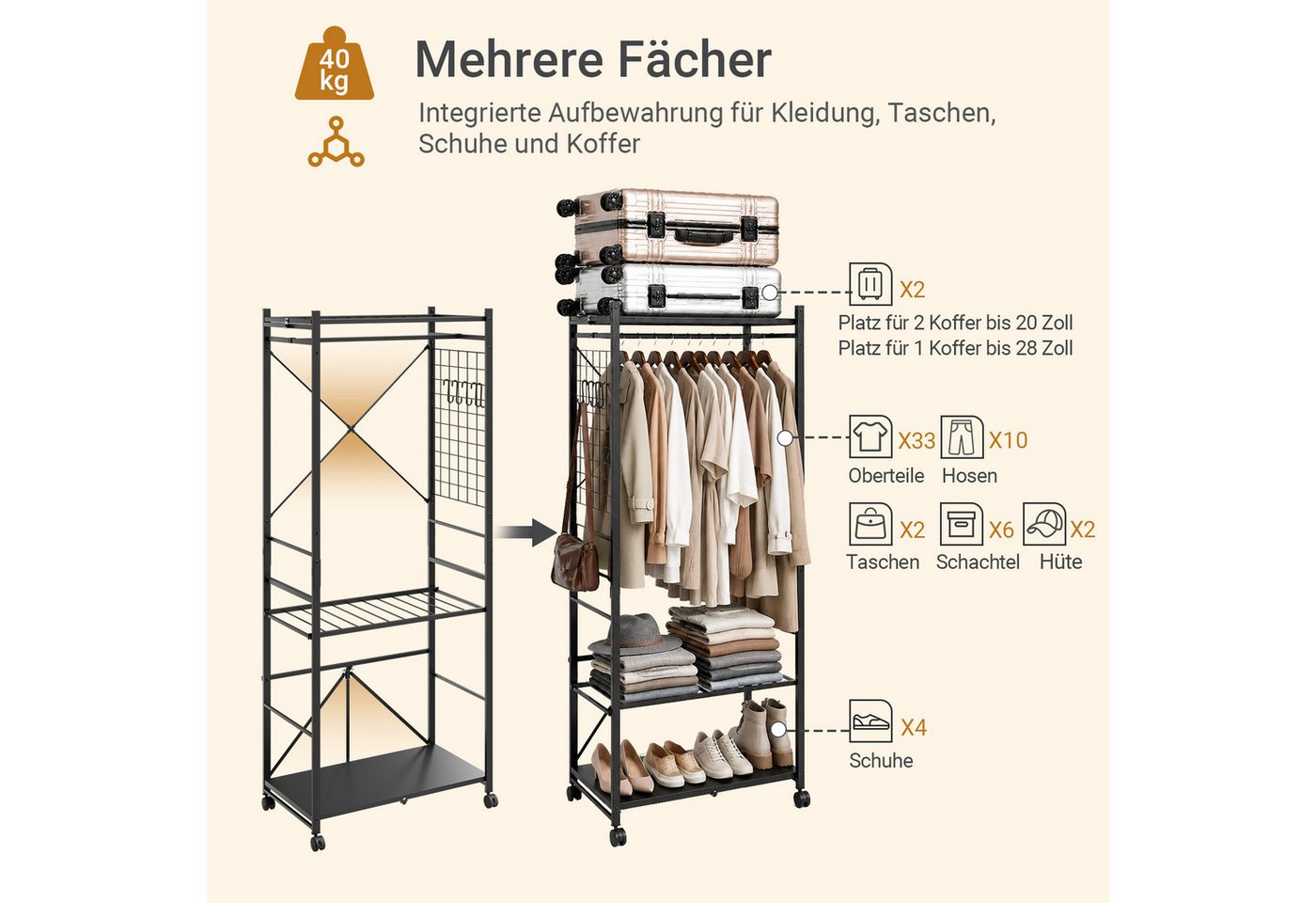 SoBuy Kleiderständer KLS22, Klappbarer Garderobenständer auf Rollen, Wäscheständer Schwarz, (1er Set), Freistehend mit 5 Haken, Gepäckständer & flexibel montier – Bild 3 von 5