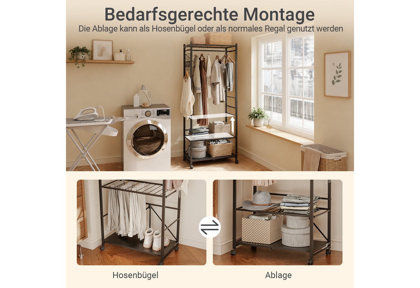 SoBuy Kleiderständer KLS22, Klappbarer Garderobenständer auf Rollen, Wäscheständer Schwarz, (1er Set), Freistehend mit 5 Haken, Gepäckständer & flexibel montier – Bild 4 von 5