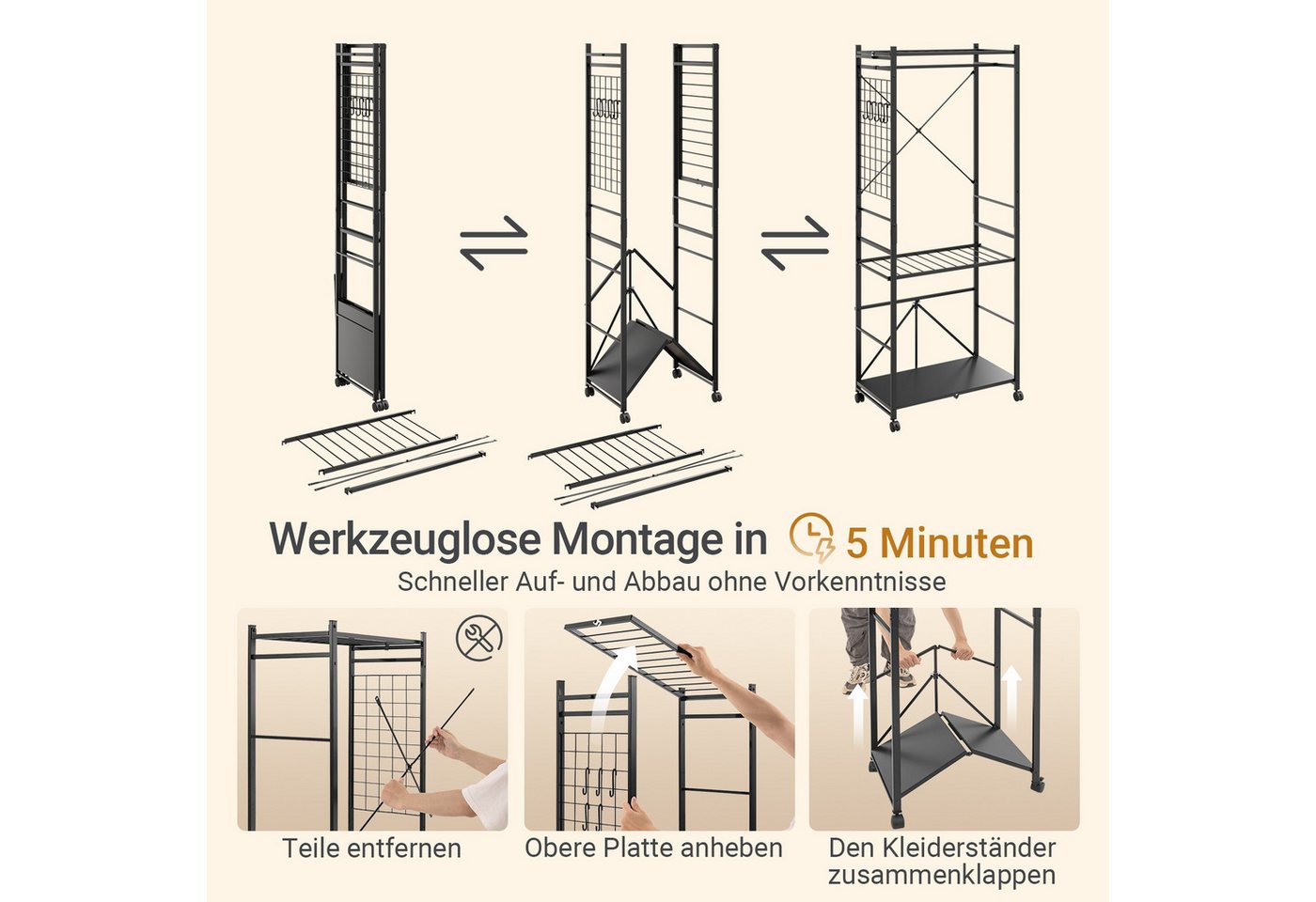 SoBuy Kleiderständer KLS22, Klappbarer Garderobenständer auf Rollen, Wäscheständer Schwarz, (1er Set), Freistehend mit 5 Haken, Gepäckständer & flexibel montier – Bild 5 von 5