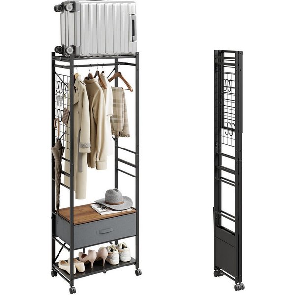 SoBuy Kleiderständer KLS23, Garderobenständer mit Rollen und Schublade, Aufbewahrungsturm, (1er Set), Stabil bis 45 kg, höhenverstellbare Stange, Gitternetz für