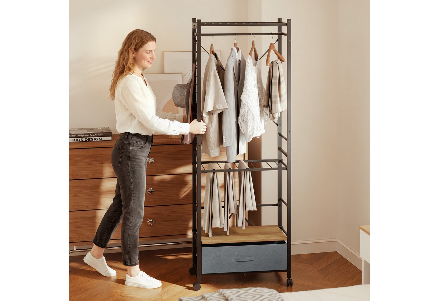 SoBuy Kleiderständer KLS23, Garderobenständer mit Rollen und Schublade, Aufbewahrungsturm, (1er Set), Stabil bis 45 kg, höhenverstellbare Stange, Gitternetz für – Bild 2 von 5
