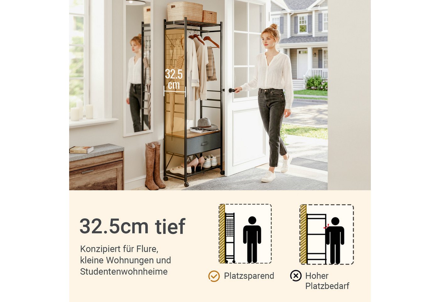 SoBuy Kleiderständer KLS23, Garderobenständer mit Rollen und Schublade, Aufbewahrungsturm, (1er Set), Stabil bis 45 kg, höhenverstellbare Stange, Gitternetz für – Bild 3 von 5