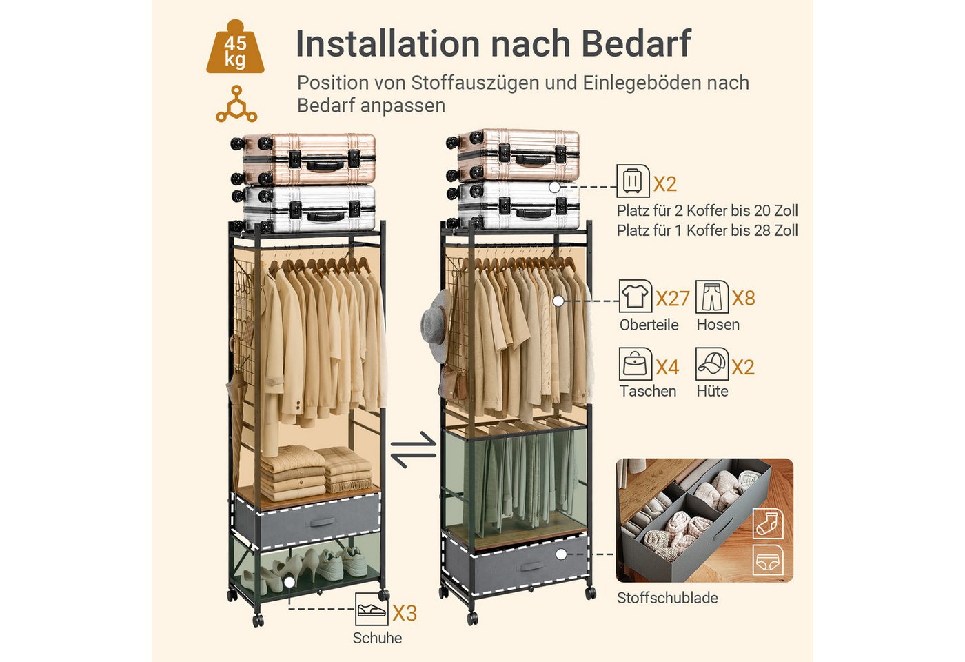 SoBuy Kleiderständer KLS23, Garderobenständer mit Rollen und Schublade, Aufbewahrungsturm, (1er Set), Stabil bis 45 kg, höhenverstellbare Stange, Gitternetz für – Bild 4 von 5