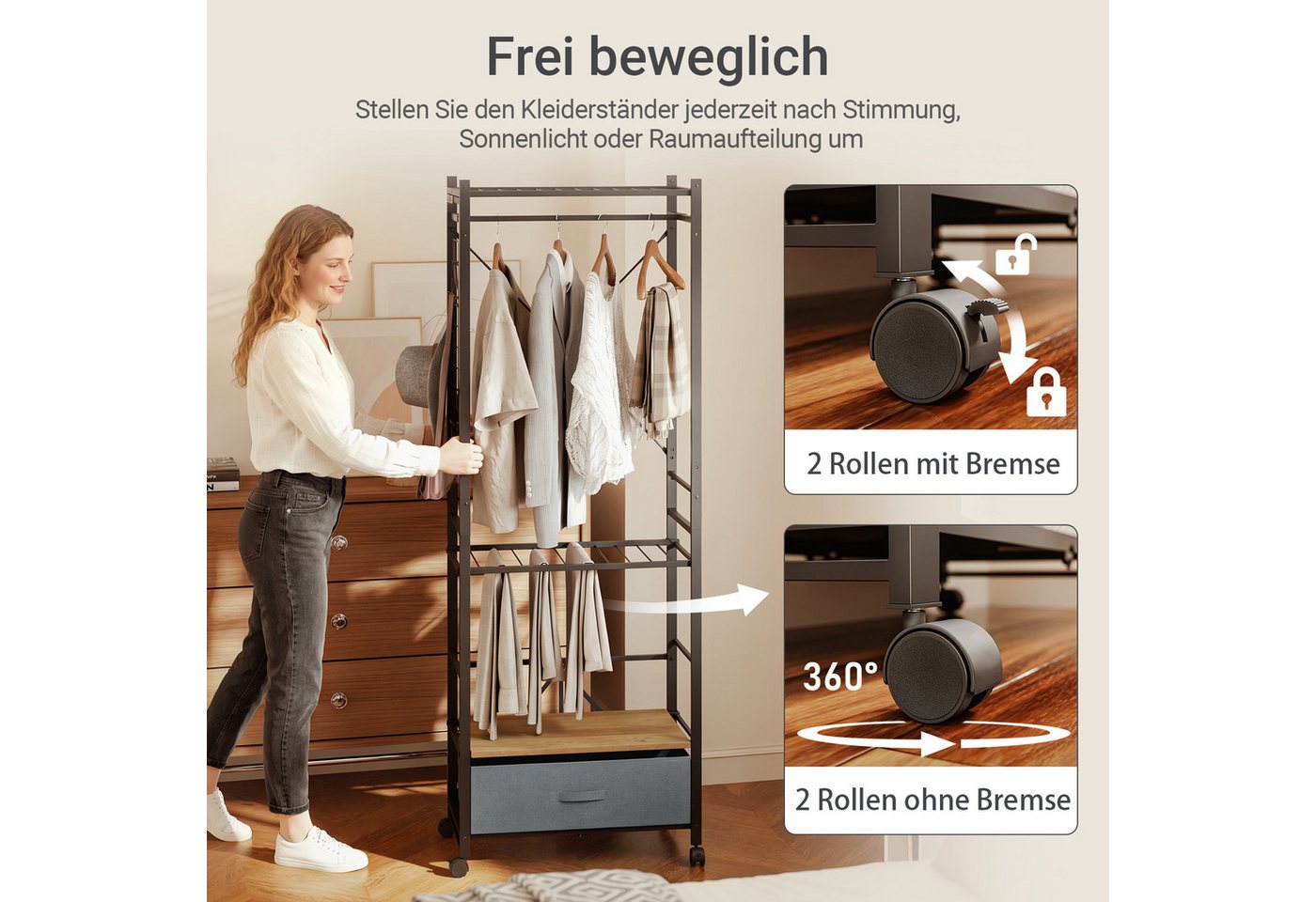SoBuy Kleiderständer KLS23, Garderobenständer mit Rollen und Schublade, Aufbewahrungsturm, (1er Set), Stabil bis 45 kg, höhenverstellbare Stange, Gitternetz für – Bild 5 von 5