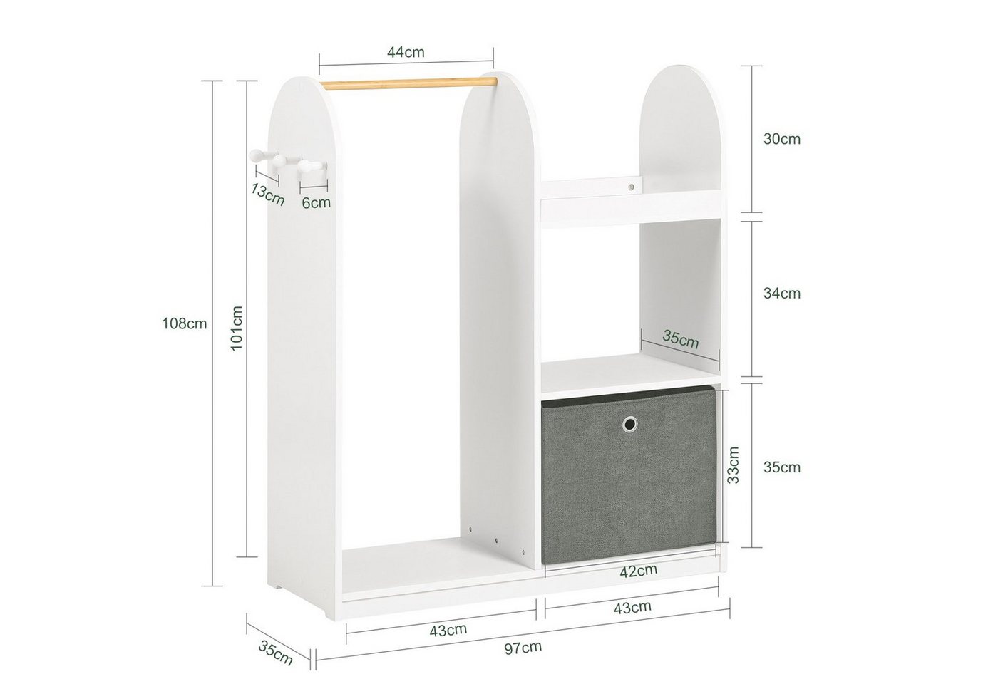 SoBuy Kleiderständer KMB40, Kinderkleiderschrank mit 3 Haken, Kleiderständer Kinder Regal, Kindergarderobe mit 3 Haken Kleiderschrank Kinderregal mit Boxen – Bild 5 von 5