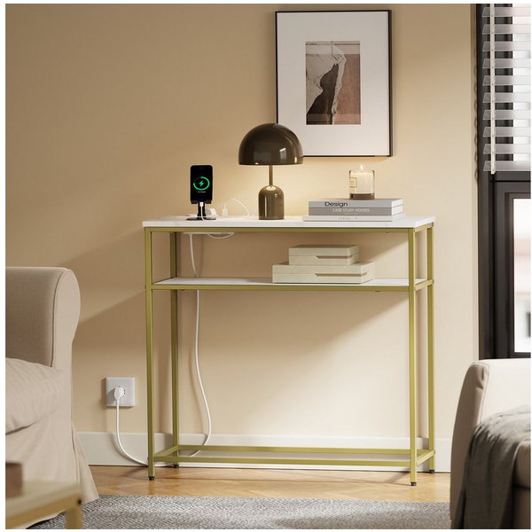 SoBuy Konsolentisch FSB106-E, Konsolentisch Schmal Flurtisch mit 2 Steckdosen und Ablagen (1 Tisch), Sofatisch Wohnzimmertisch mit USB & Typ-C, 2 Steckdosen, 1,