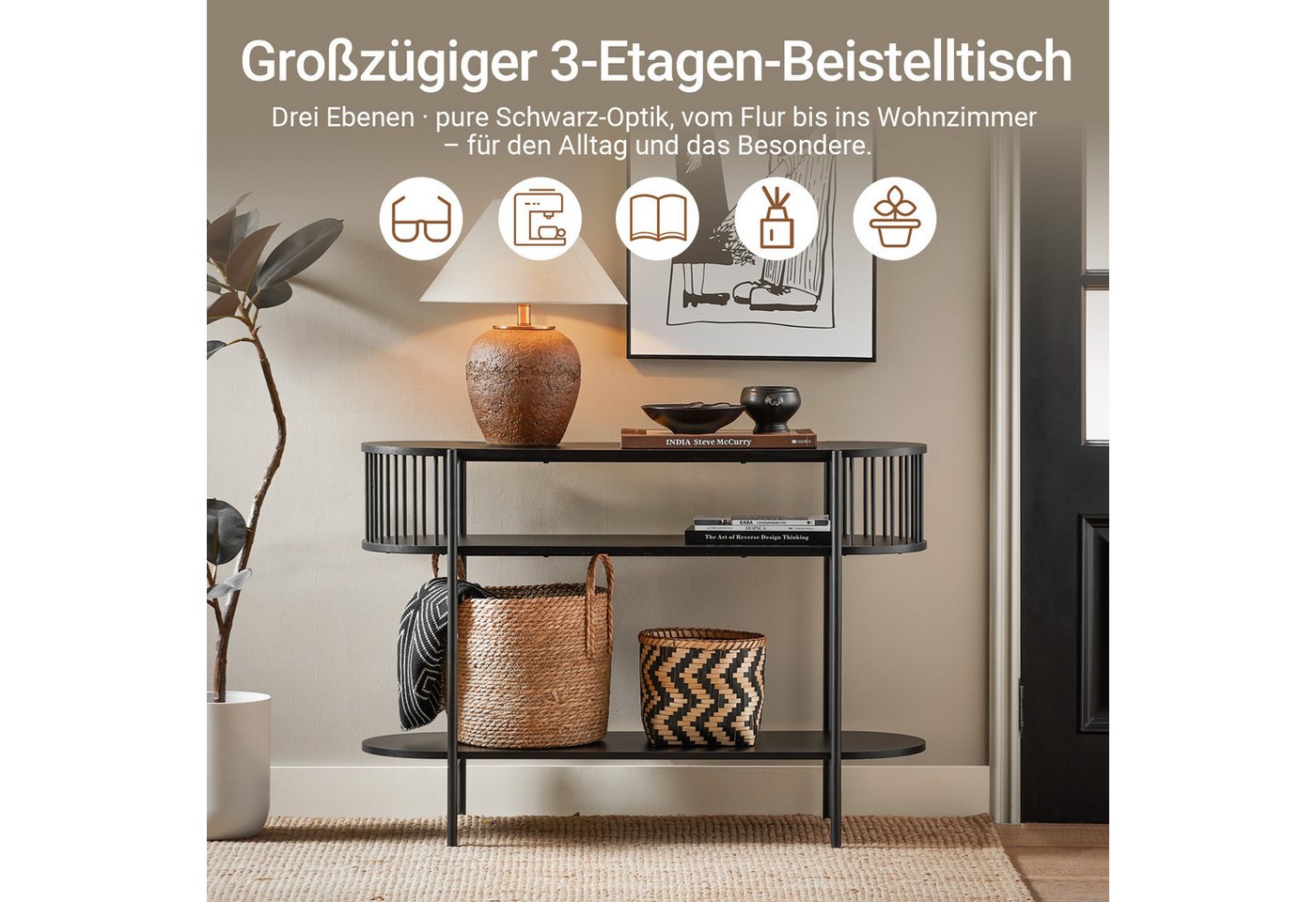 SoBuy Konsolentisch FSB90, Flurtisch schmal, Sofatisch, Metall mit 3 Ablagen, Konsole Holz, Konsolentisch Modern, für Flur, Wohnzimmer, Esszimmer, Großer Staura – Bild 2 von 5