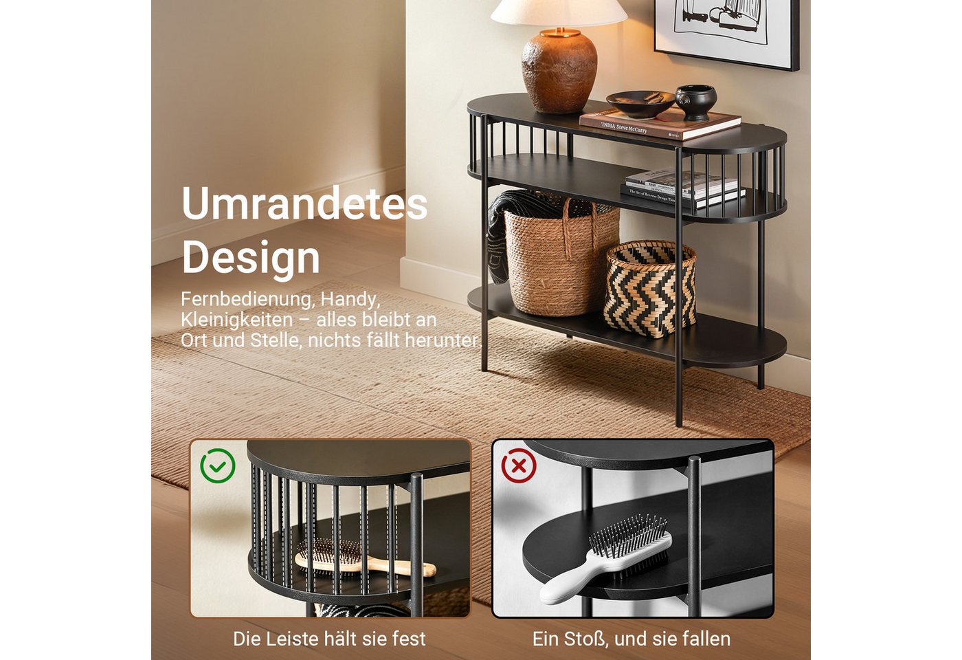 SoBuy Konsolentisch FSB90, Flurtisch schmal, Sofatisch, Metall mit 3 Ablagen, Konsole Holz, Konsolentisch Modern, für Flur, Wohnzimmer, Esszimmer, Großer Staura – Bild 4 von 5