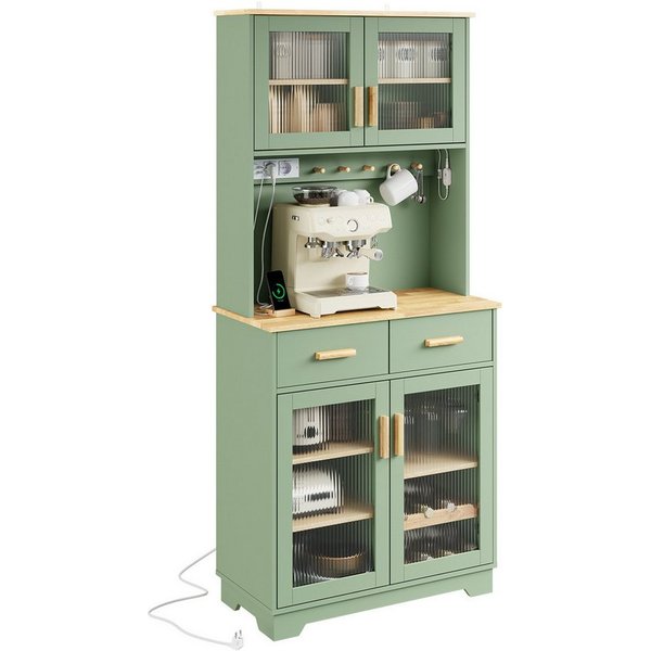 SoBuy Küchenbuffet FSB108-E, Küchenschrank mit Weinregal, Vitrinenschrank mit LED-Licht (1er Set) Grüner Hochschrank mit 2 Steckdosen und 2 USB-Anschlüssen für 