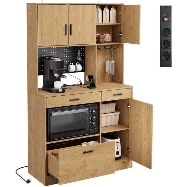 SoBuy Küchenbuffet FSB98-L-E, Hochschrank Küchenschrank Buffetschrank mit LED, Steckdose (1er Set) Sideboard mit 4 Türen, 3 Schubladen, USB-Anschluss, Pegboard 