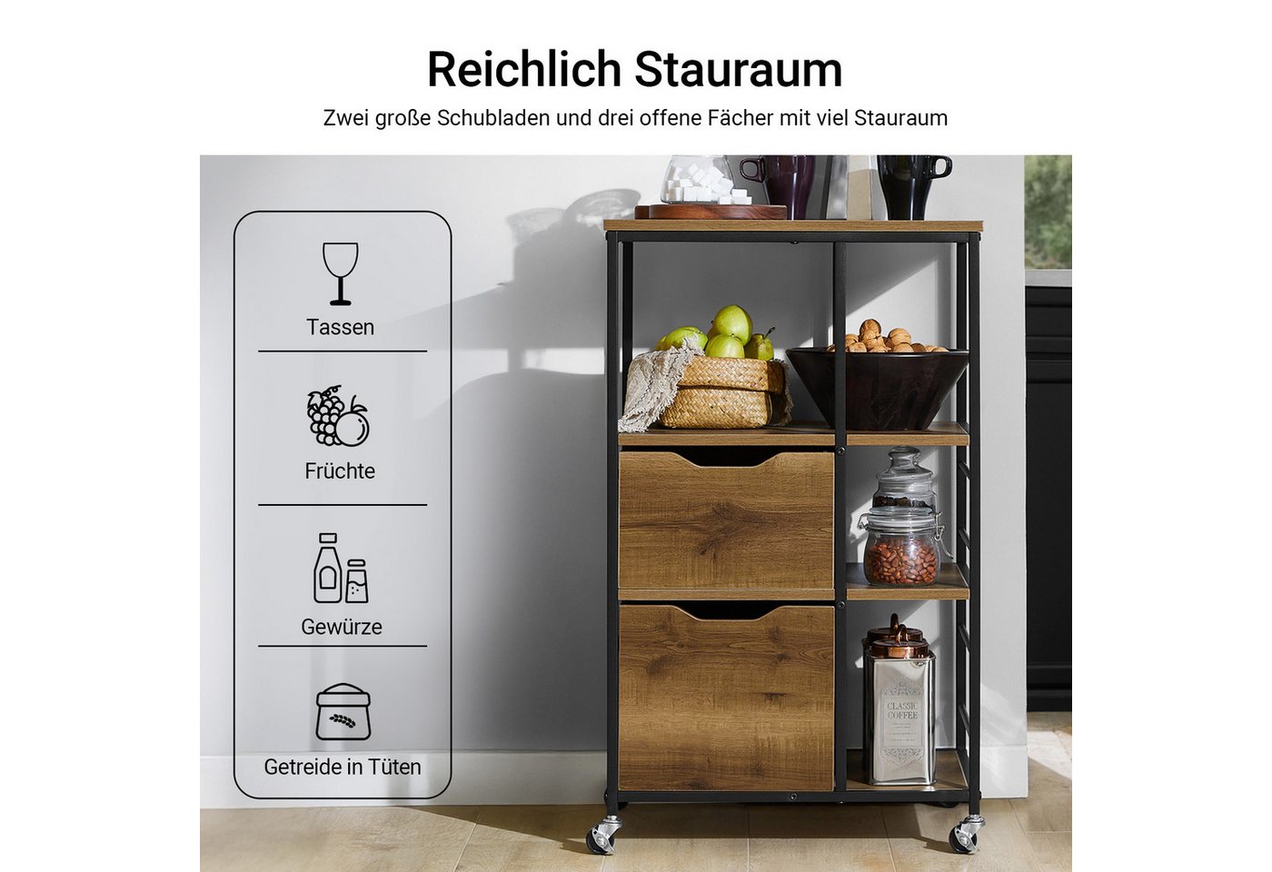 SoBuy Küchenwagen FKW111, Rollwagen, Beistelltisch, Küchenregal, Küche Haushalt, mit 2 Schubladen und 3 Ablagen Servierwagen Beistellwagen – Bild 2 von 5