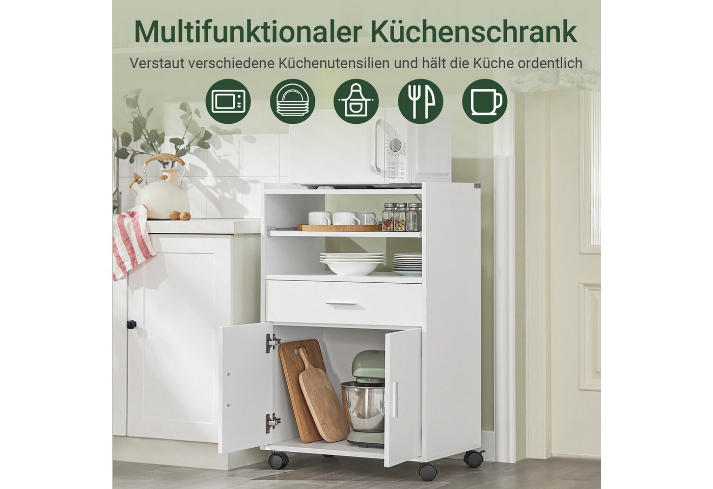 SoBuy Küchenwagen FSB09, Servierwagen mit Arbeitsplatte Aufbewahrungsschrank, Küchenschrank Rollschrank Mikrowellenschrank mit Ablagen und 2 Türen – Bild 2 von 5
