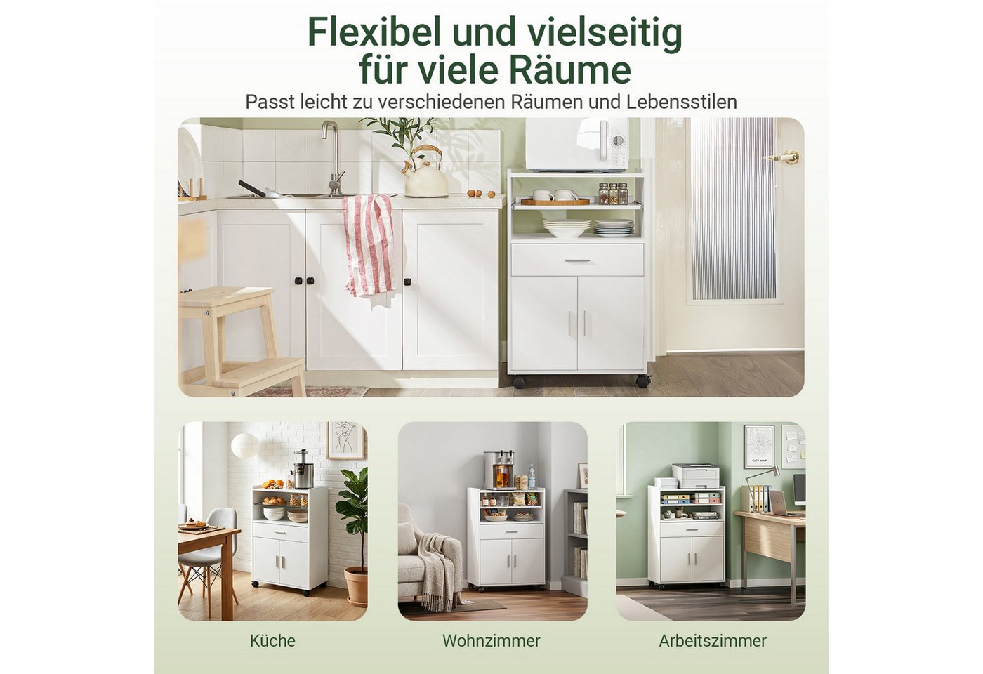 SoBuy Küchenwagen FSB09, Servierwagen mit Arbeitsplatte Aufbewahrungsschrank, Küchenschrank Rollschrank Mikrowellenschrank mit Ablagen und 2 Türen – Bild 3 von 5