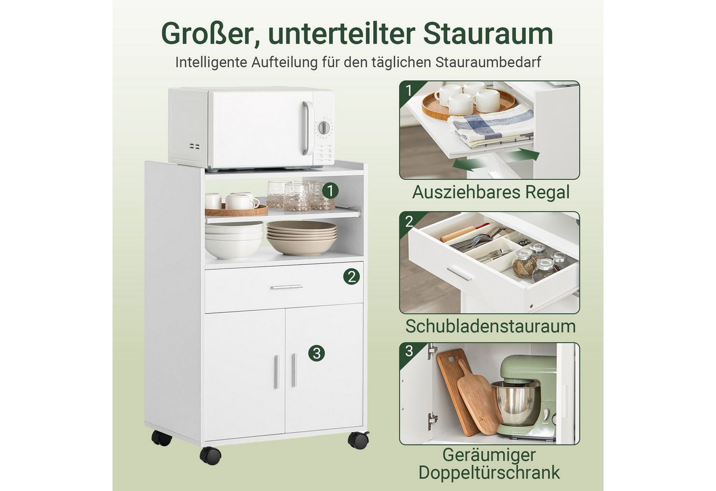 SoBuy Küchenwagen FSB09, Servierwagen mit Arbeitsplatte Aufbewahrungsschrank, Küchenschrank Rollschrank Mikrowellenschrank mit Ablagen und 2 Türen – Bild 4 von 5