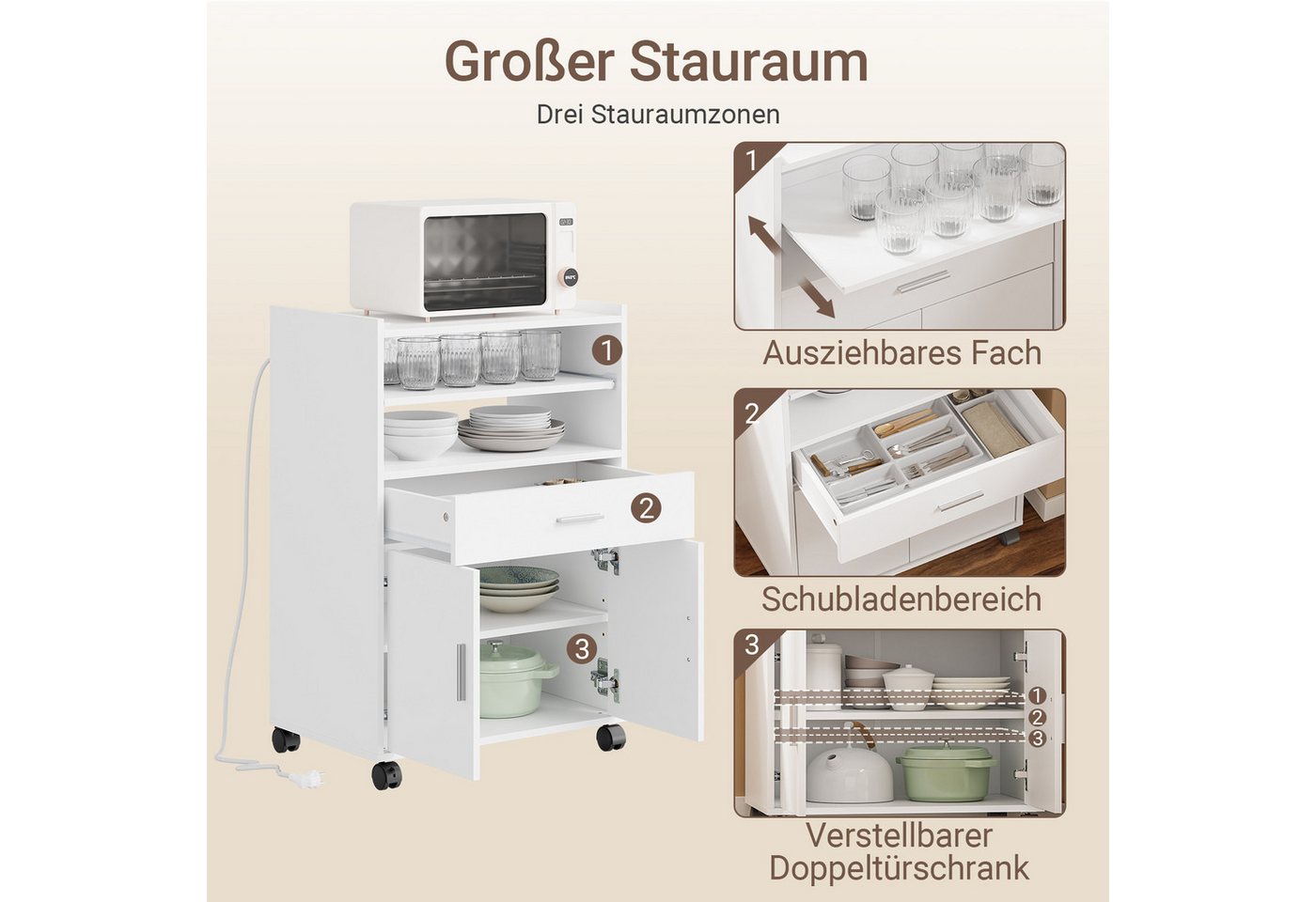 SoBuy Küchenwagen FSB09-E, Mikrowellenschrank mit 4-in-1-Ladestation, Servierwagen, Küchenwagen mit Arbeitsplatte, Küchenschrank mit 4 Rollen und 2 Türen – Bild 2 von 5