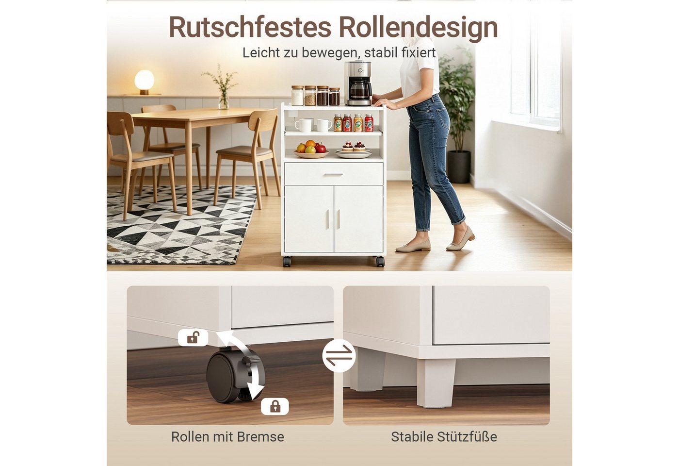 SoBuy Küchenwagen FSB09-E, Mikrowellenschrank mit 4-in-1-Ladestation, Servierwagen, Küchenwagen mit Arbeitsplatte, Küchenschrank mit 4 Rollen und 2 Türen – Bild 4 von 5