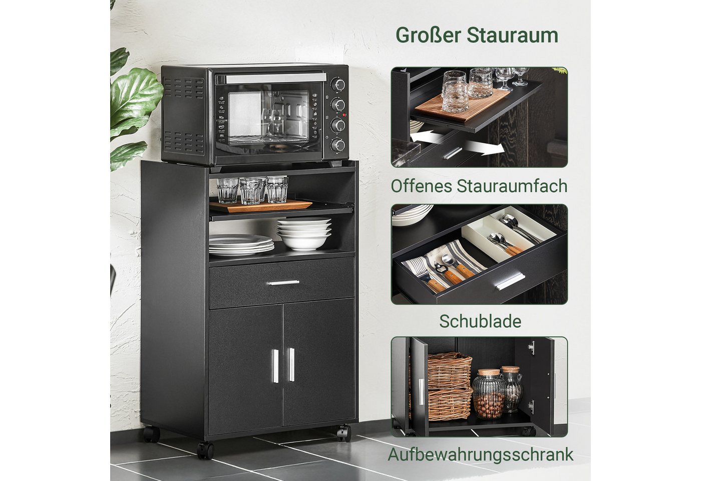 SoBuy Küchenwagen FSB09, Servierwagen mit Arbeitsplatte Aufbewahrungsschrank, Küchenschrank Rollschrank Mikrowellenschrank mit Ablagen und 2 Türen – Bild 3 von 5