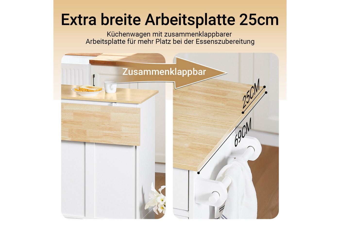 SoBuy Küchenwagen Servierwagen mit Rollen, Rollwagen, Barwagen, Küche, Esszimmer, Küchenschrank Kücheninsel mit erweiterbarer Arbeitsplatte, mit 2 Türen – Bild 4 von 5