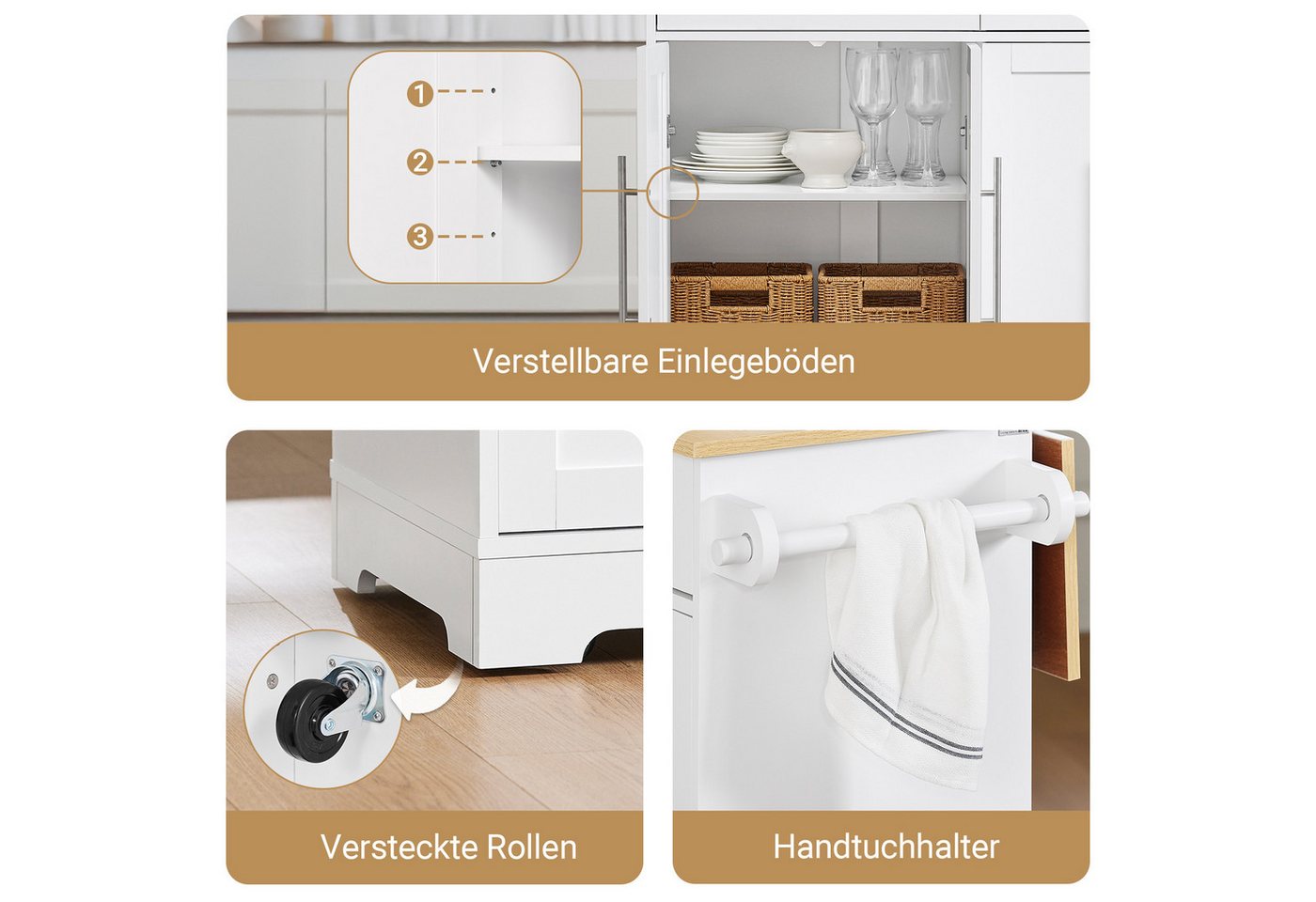SoBuy Küchenwagen Servierwagen mit Rollen, Rollwagen, Barwagen, Küche, Esszimmer, Küchenschrank Kücheninsel mit erweiterbarer Arbeitsplatte, mit 2 Türen – Bild 5 von 5