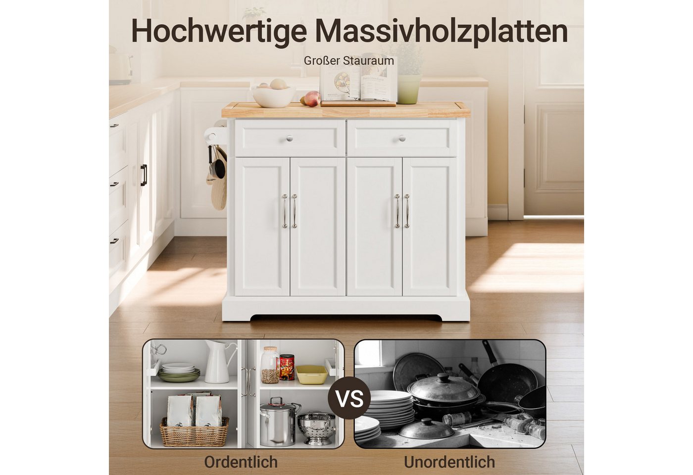 SoBuy Küchenwagen Servierwagen mit Rollen, Rollwagen, Barwagen, Küche, Esszimmer, Küchenschrank Kücheninsel mit erweiterbarer Arbeitsplatte, mit 2 Türen – Bild 3 von 5