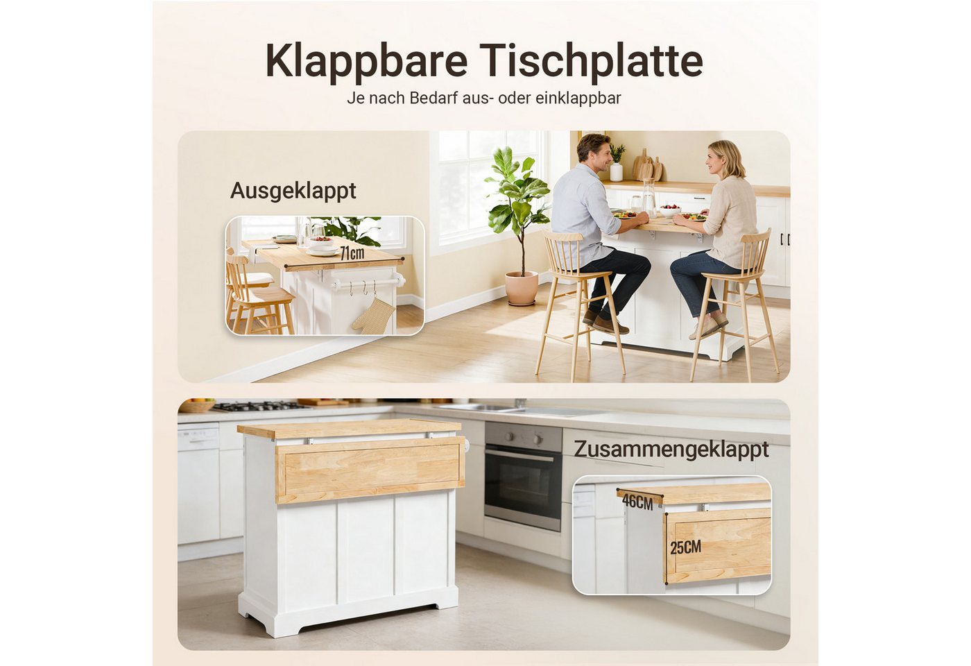 SoBuy Küchenwagen Servierwagen mit Rollen, Rollwagen, Barwagen, Küche, Esszimmer, Küchenschrank Kücheninsel mit erweiterbarer Arbeitsplatte, mit 2 Türen – Bild 4 von 5