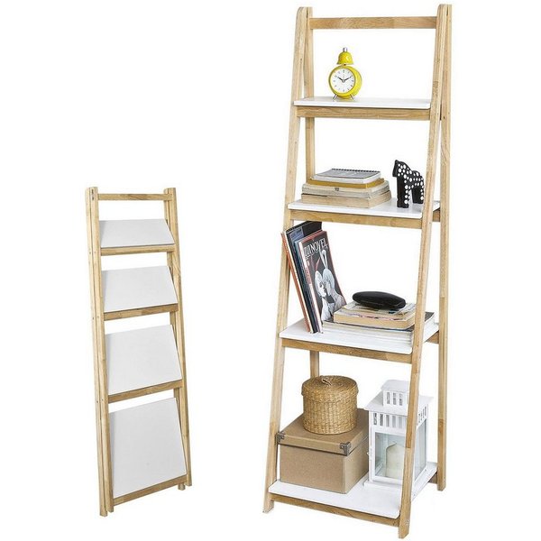 SoBuy Leiterregal FRG162, Standregal Bücherregal mit 4 Böden Kautschukholz und MDF klappbar