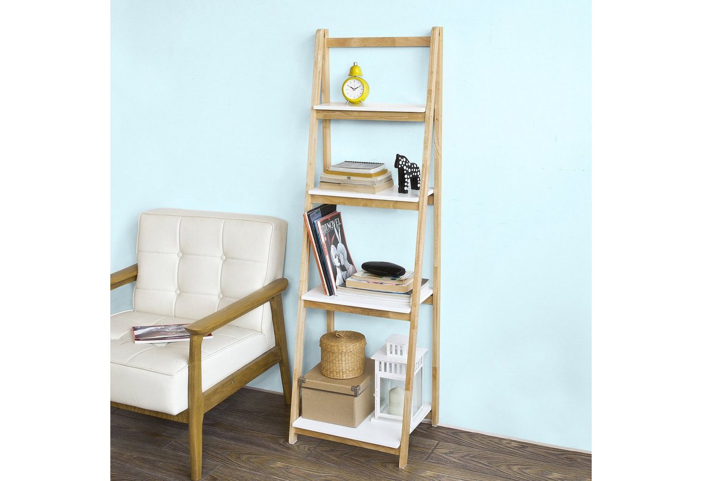 SoBuy Leiterregal FRG162, Standregal Bücherregal mit 4 Böden Kautschukholz und MDF klappbar – Bild 2 von 5
