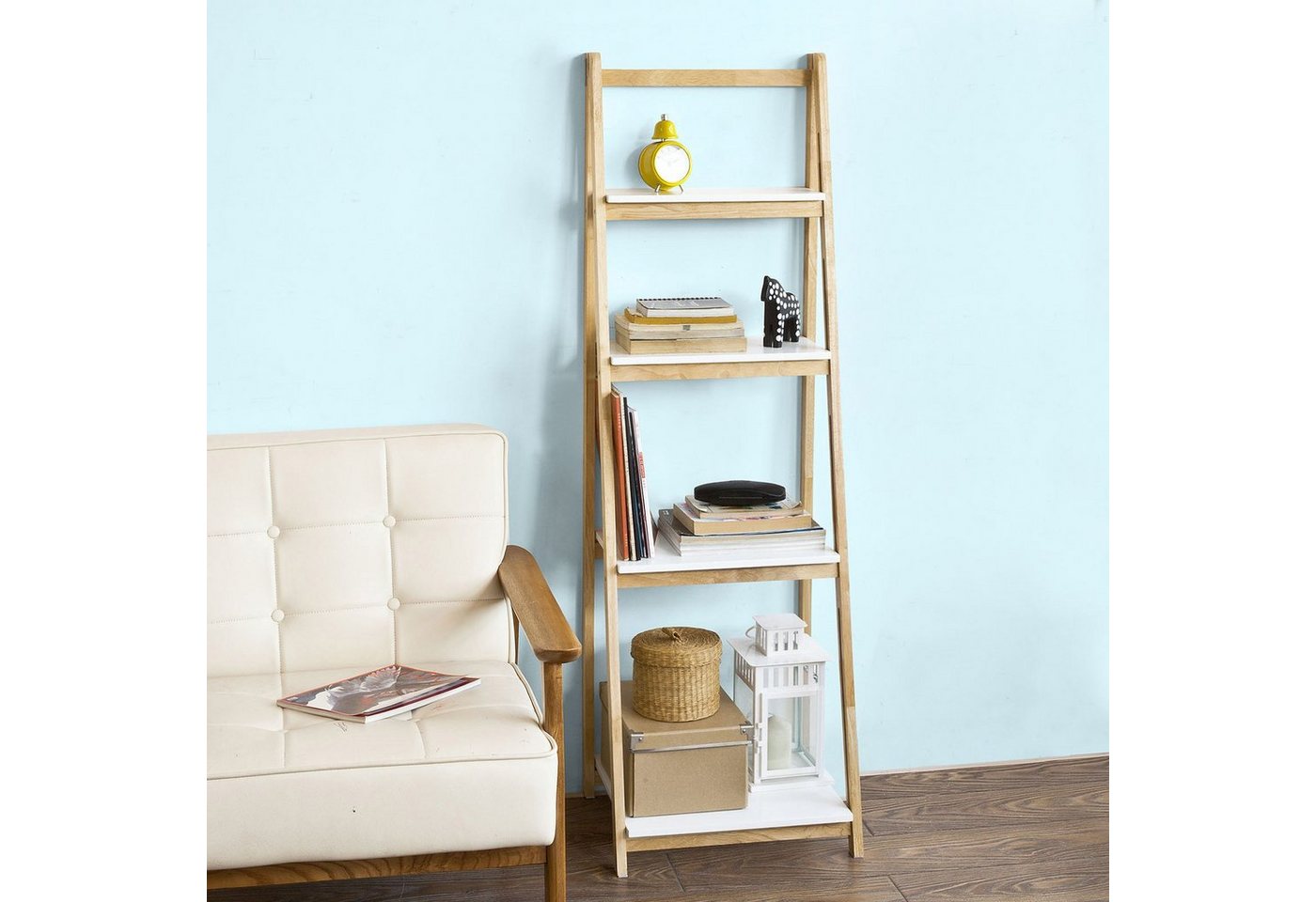 SoBuy Leiterregal FRG162, Standregal Bücherregal mit 4 Böden Kautschukholz und MDF klappbar – Bild 3 von 5