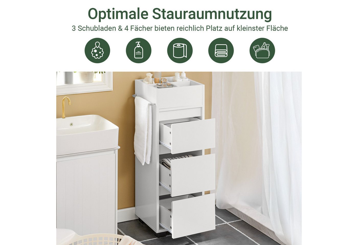 SoBuy Midischrank BZR29, Badschrank schmal, mit 3 Schubladen, 4 Fächern Badezimmerschrank Badkommode Midischrank Kommode Beistellschrank – Bild 2 von 5