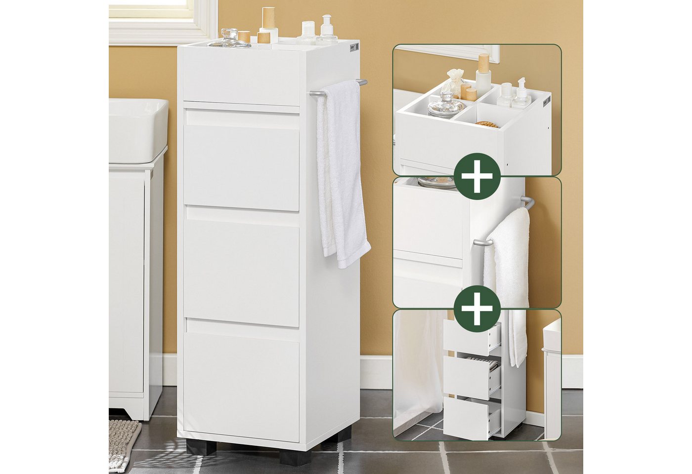 SoBuy Midischrank BZR29, Badschrank schmal, mit 3 Schubladen, 4 Fächern Badezimmerschrank Badkommode Midischrank Kommode Beistellschrank – Bild 3 von 5