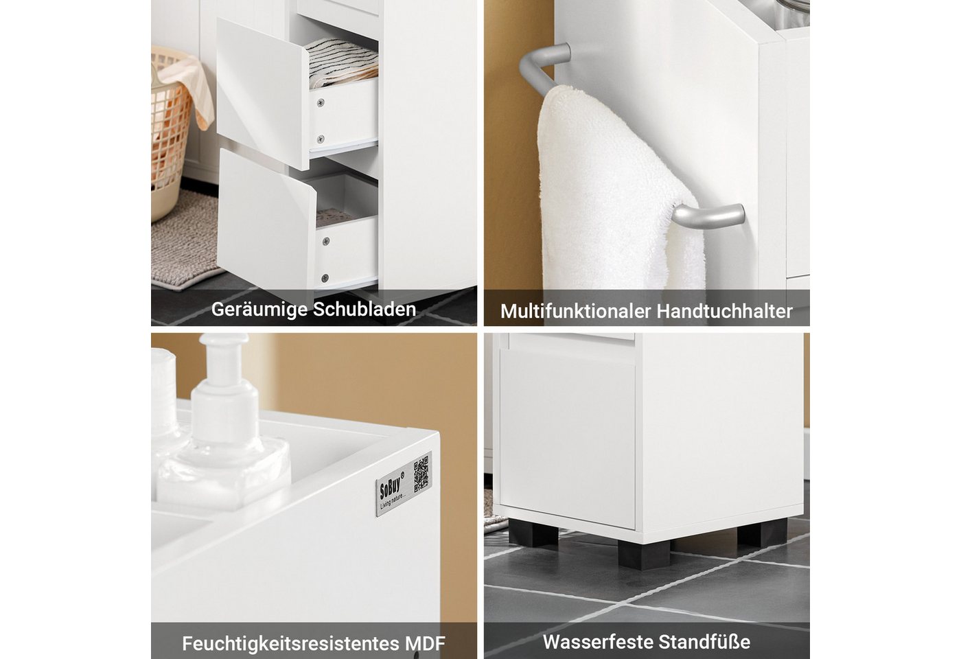 SoBuy Midischrank BZR29, Badschrank schmal, mit 3 Schubladen, 4 Fächern Badezimmerschrank Badkommode Midischrank Kommode Beistellschrank – Bild 5 von 5