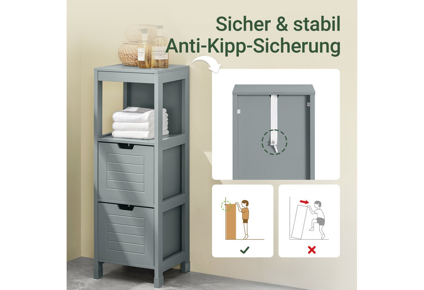 SoBuy Midischrank FRG127, Badezimmerregal mit 2 Körben Badschrank schmal Badregal Badkommode Kommode Badezimmerschrank aus Holz Eckschrank Badezimmer – Bild 4 von 5