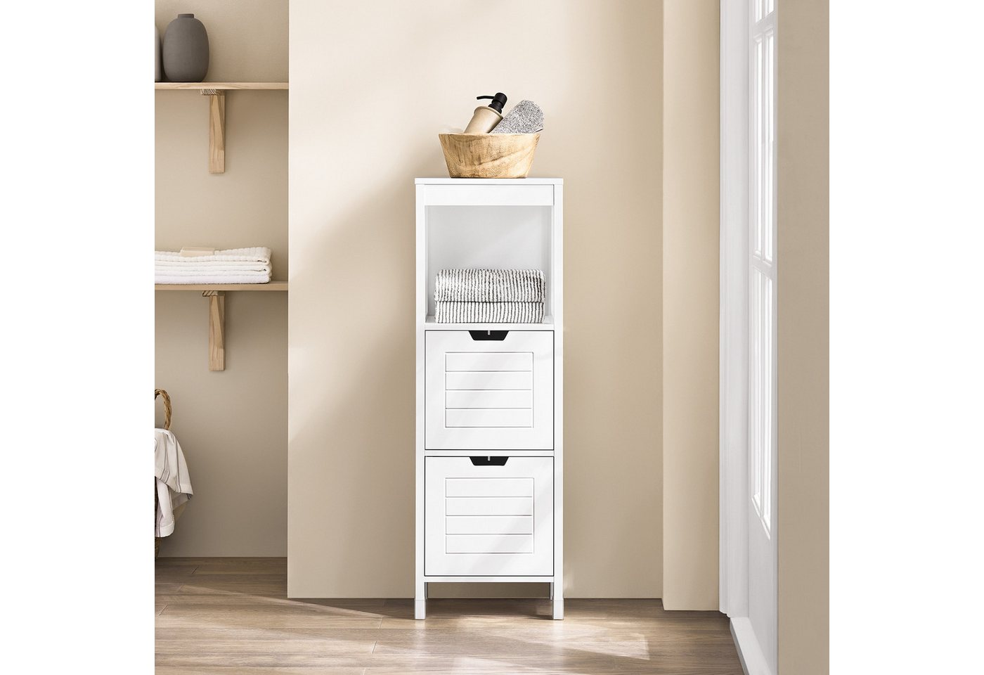 SoBuy Midischrank FRG127, Badezimmerregal mit 2 Körben Badschrank schmal Badregal Badkommode Kommode Badezimmerschrank aus Holz Eckschrank Badezimmer – Bild 2 von 5