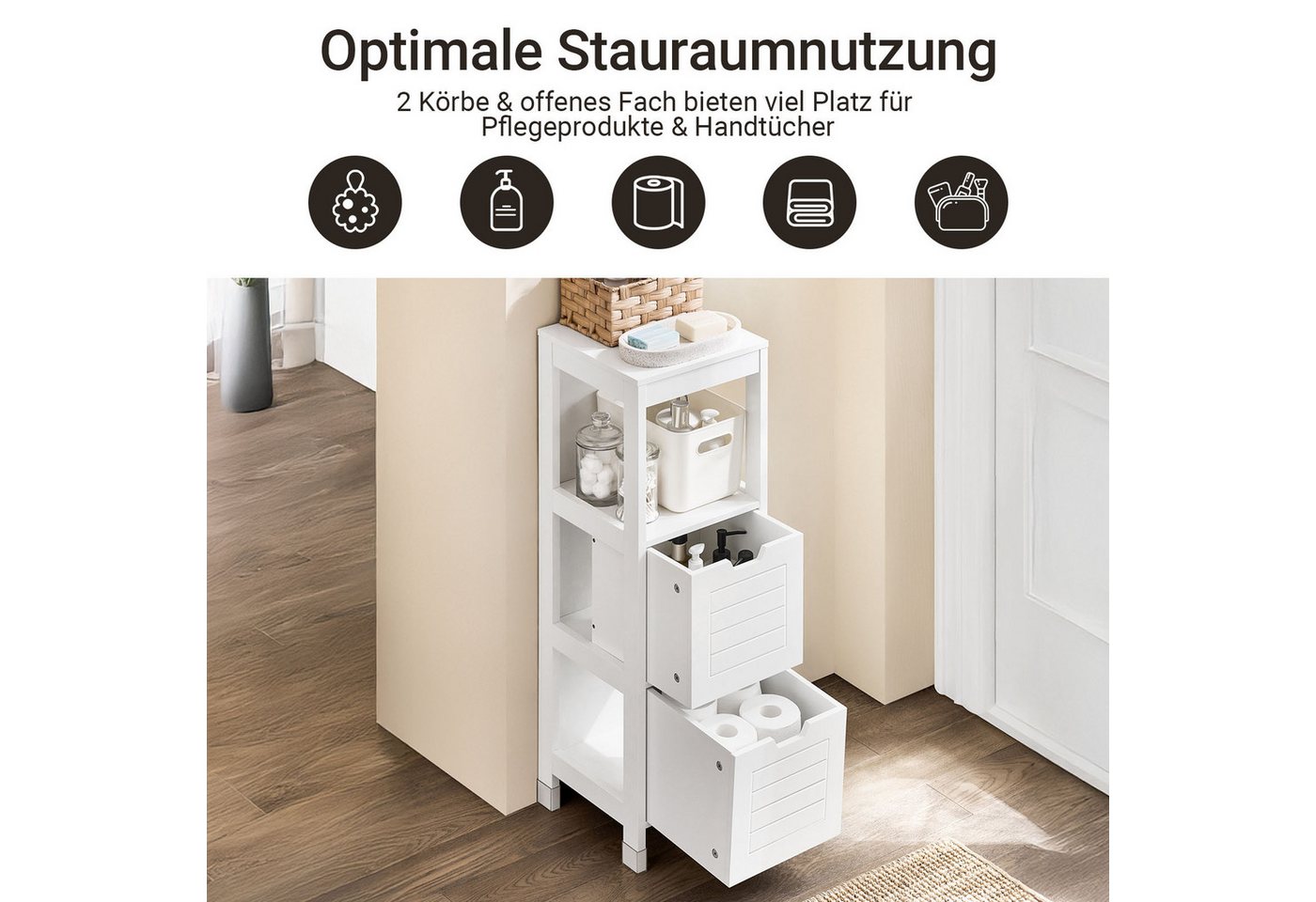 SoBuy Midischrank FRG127, Badezimmerregal mit 2 Körben Badschrank schmal Badregal Badkommode Kommode Badezimmerschrank aus Holz Eckschrank Badezimmer – Bild 3 von 5