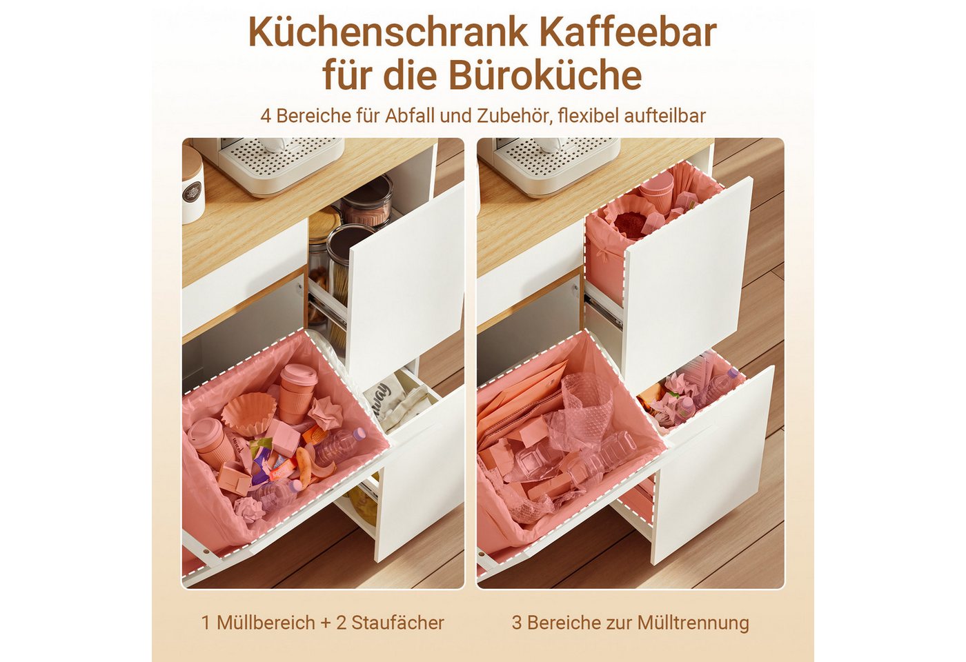 SoBuy Mülltrennsystem FSB111, Küchenschrank mit Mülleimer, 3-fach Mülltrennung, Müllschrank, Freistehendes Buffet in Weiß/Eiche-Optik mit Schublade und 2 Auszüg – Bild 3 von 5