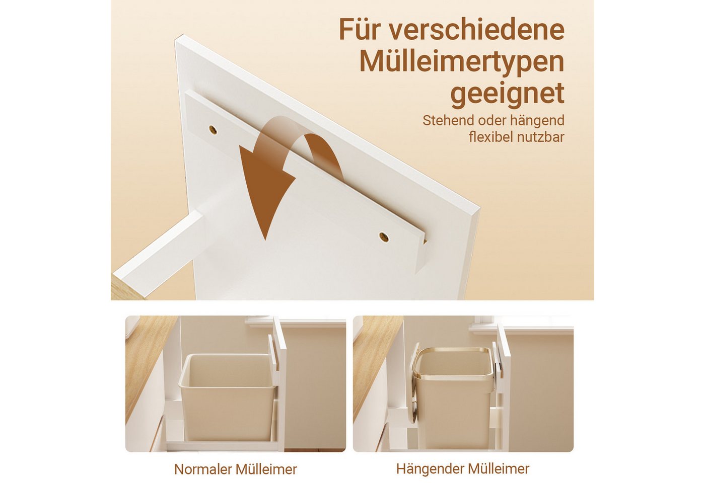 SoBuy Mülltrennsystem FSB111, Küchenschrank mit Mülleimer, 3-fach Mülltrennung, Müllschrank, Freistehendes Buffet in Weiß/Eiche-Optik mit Schublade und 2 Auszüg – Bild 5 von 5