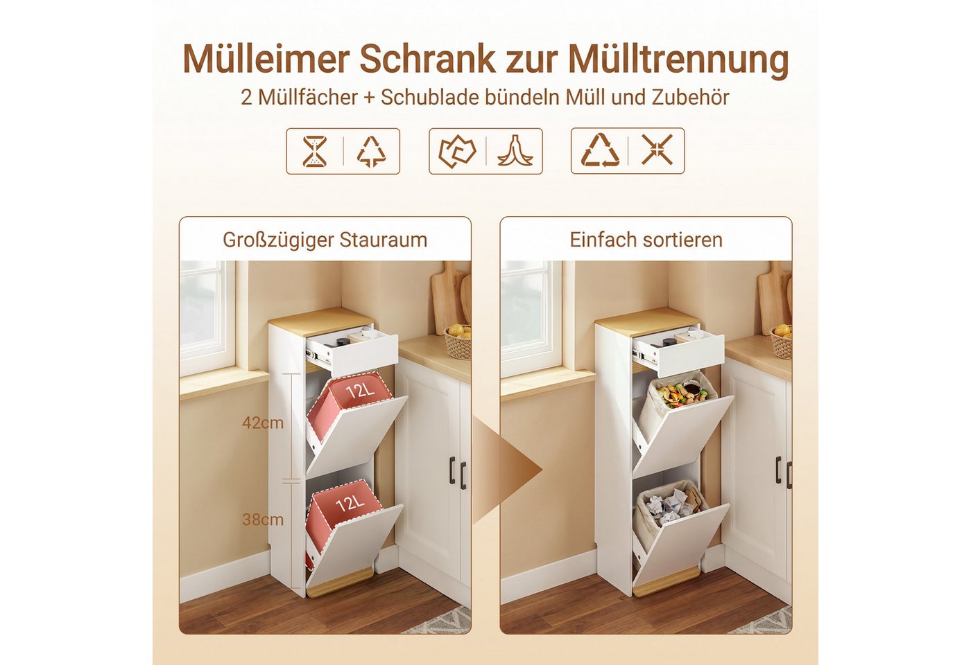 SoBuy Mülltrennsystem FSB112, Müllschrank, Müllschrank mit Fußpedal, 2 Fächer Trennsystem, Mülltrennsystem, mit Schublade, für verschiedene Eimer, Küche/Bad/Bür – Bild 2 von 5