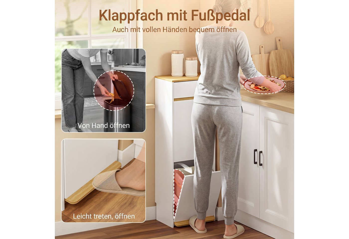 SoBuy Mülltrennsystem FSB112, Müllschrank, Müllschrank mit Fußpedal, 2 Fächer Trennsystem, Mülltrennsystem, mit Schublade, für verschiedene Eimer, Küche/Bad/Bür – Bild 4 von 5