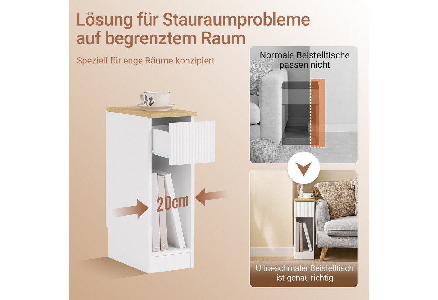 SoBuy Nachttisch FBT111, Nachtschrank kleiner Beistelltisch 20cm Breite, Nightstand, Nachttisch schmal, mit Schublade, Schlafzimmer Wohnzimmer kleine Räume – Bild 3 von 5