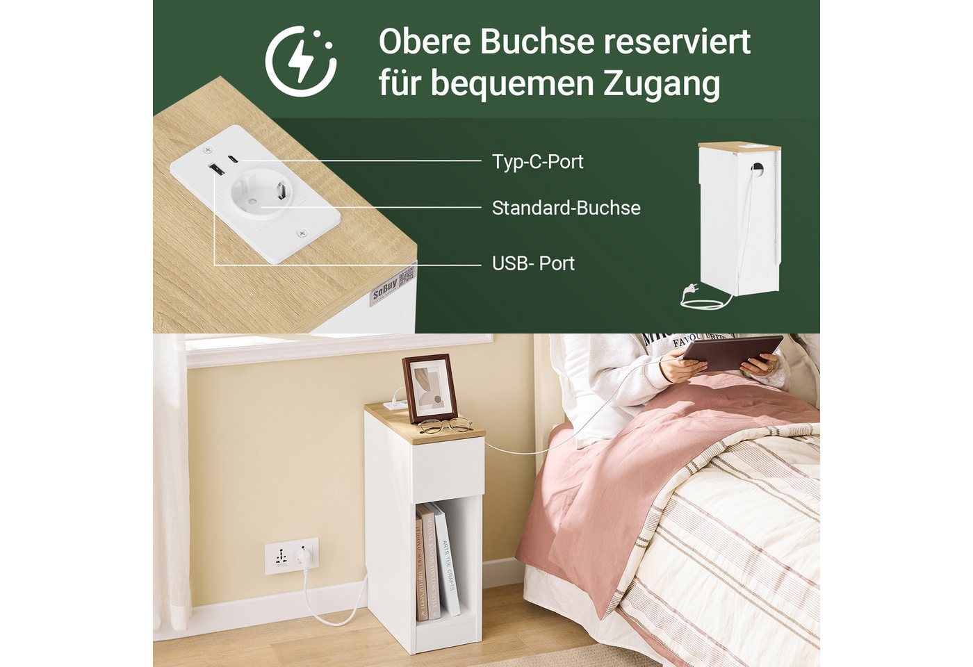 SoBuy Nachttisch FBT111-E, 2er Set, Nachtschrank Nightstand für Schlafzimmer Wohnzimmer, 2-St, Nachttisch schmal, Beistelltisch, Steckdose USB-Anschlüsse Typ-C – Bild 3 von 5