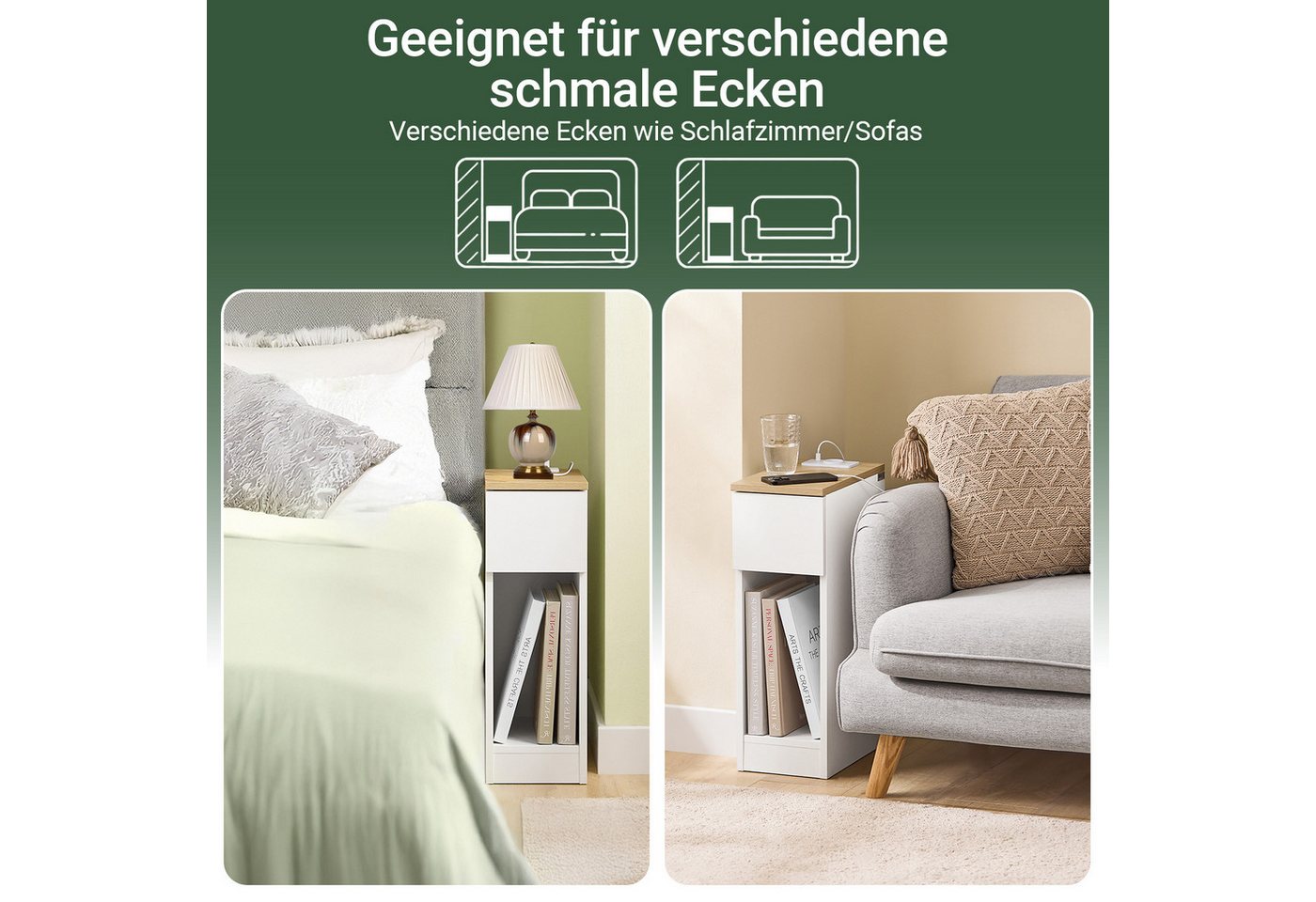 SoBuy Nachttisch FBT111-E, 2er Set, Nachtschrank Nightstand für Schlafzimmer Wohnzimmer, 2-St, Nachttisch schmal, Beistelltisch, Steckdose USB-Anschlüsse Typ-C – Bild 5 von 5
