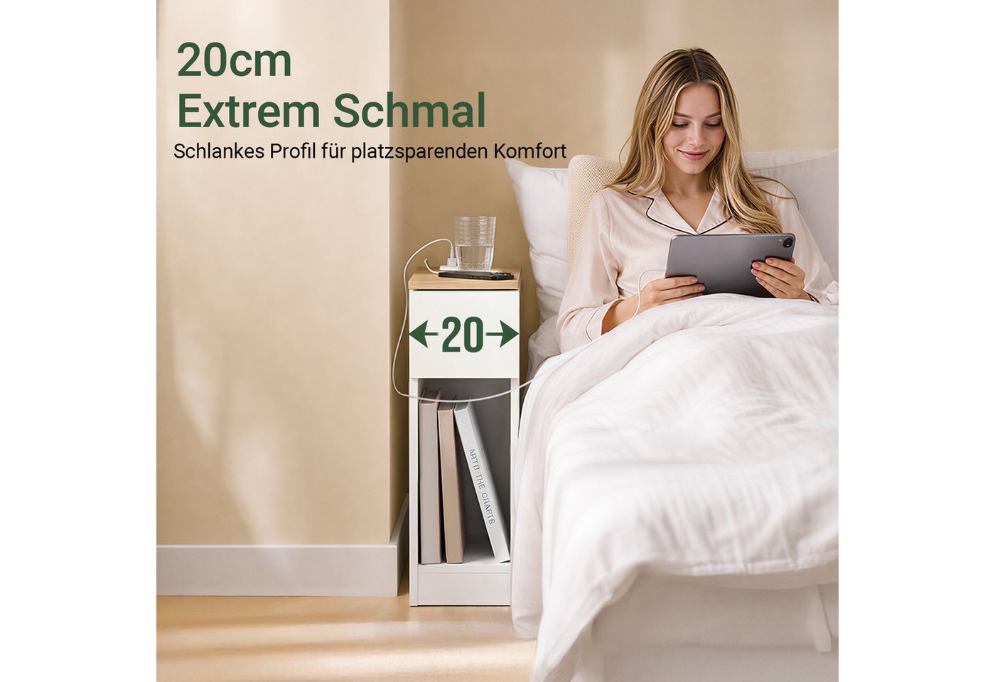 SoBuy Nachttisch FBT111-E, Beistelltisch mit Ladefunktion, USB, Typ-C, für Schlafzimmer, Nachttisch schmal, mit Sockel-Aussparung, für Nischen, kleine Räume – Bild 2 von 5