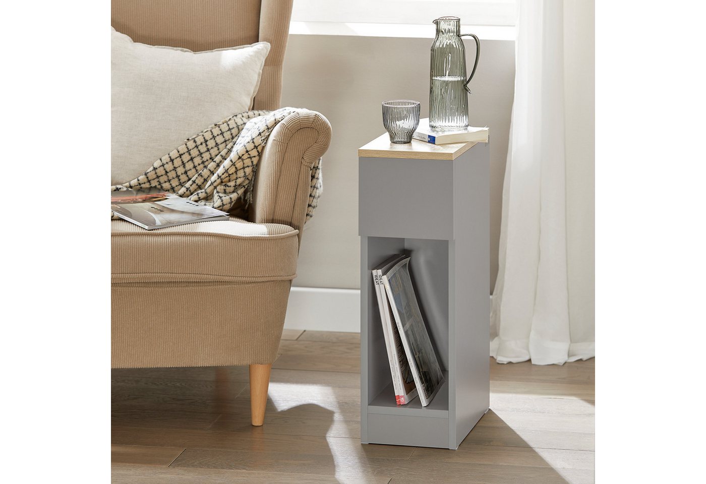 SoBuy Nachttisch FBT111, Beistelltisch mit Schublade und Ablage, Nightstand, 2er Set, Beistelltisch schmal, Nachtschrank Nachtkommode, offenes Fach – Bild 2 von 5