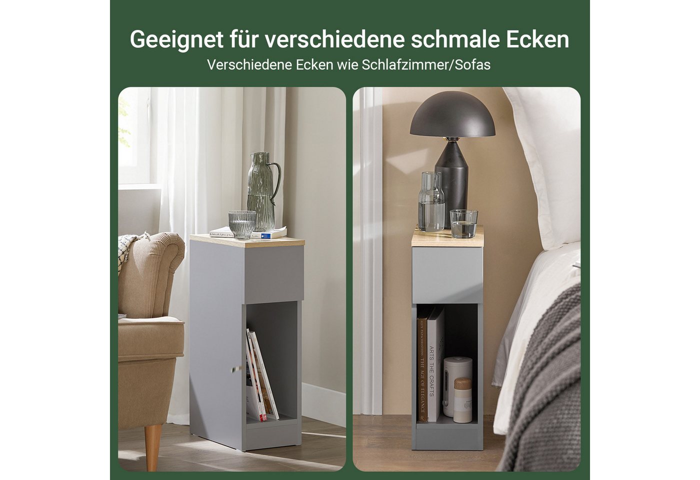SoBuy Nachttisch FBT111, Beistelltisch mit Schublade und Ablage, Nightstand, 2er Set, Beistelltisch schmal, Nachtschrank Nachtkommode, offenes Fach – Bild 3 von 5