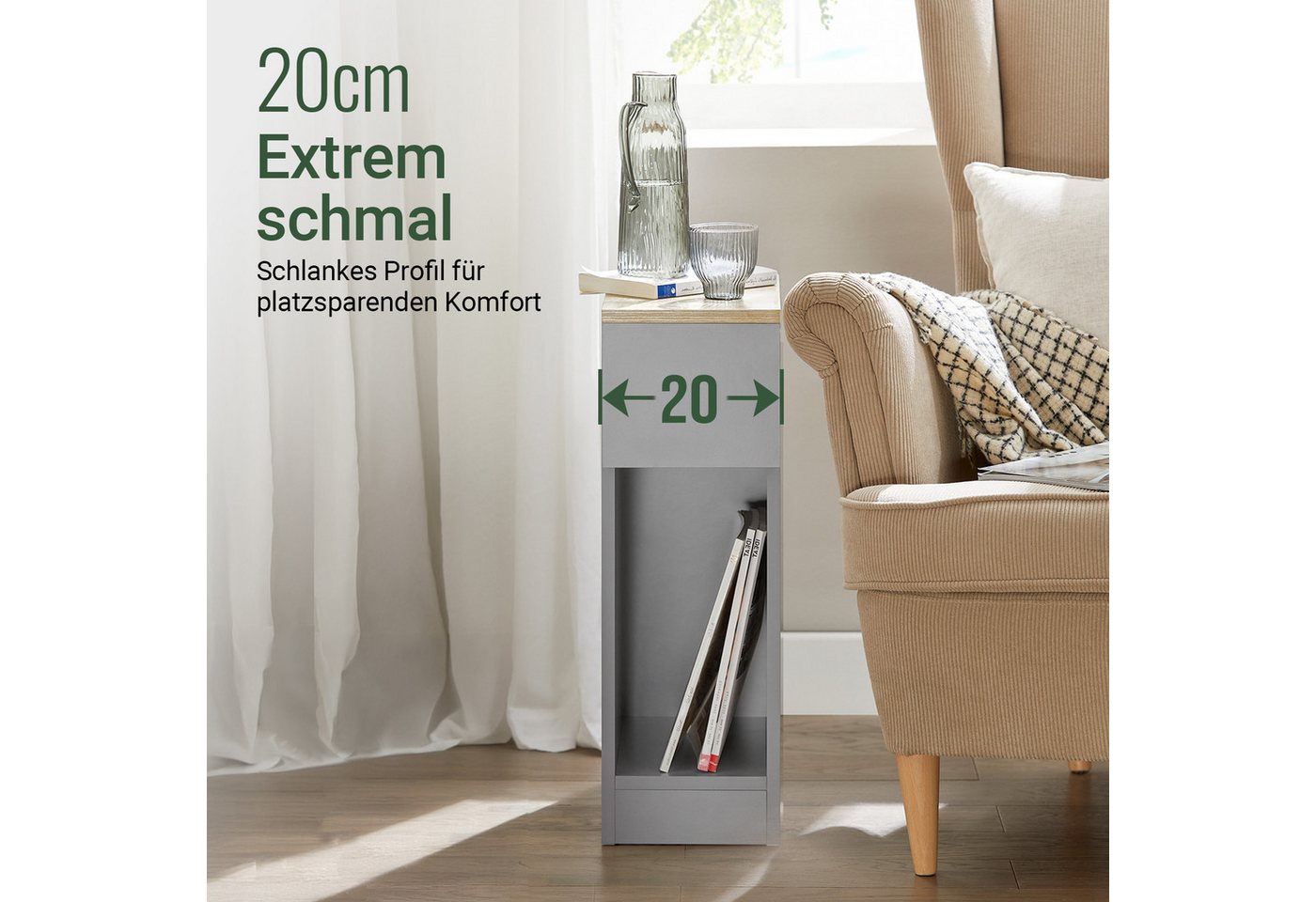 SoBuy Nachttisch FBT111, Beistelltisch mit Schublade und Ablage, Nightstand, 2er Set, Beistelltisch schmal, Nachtschrank Nachtkommode, offenes Fach – Bild 5 von 5