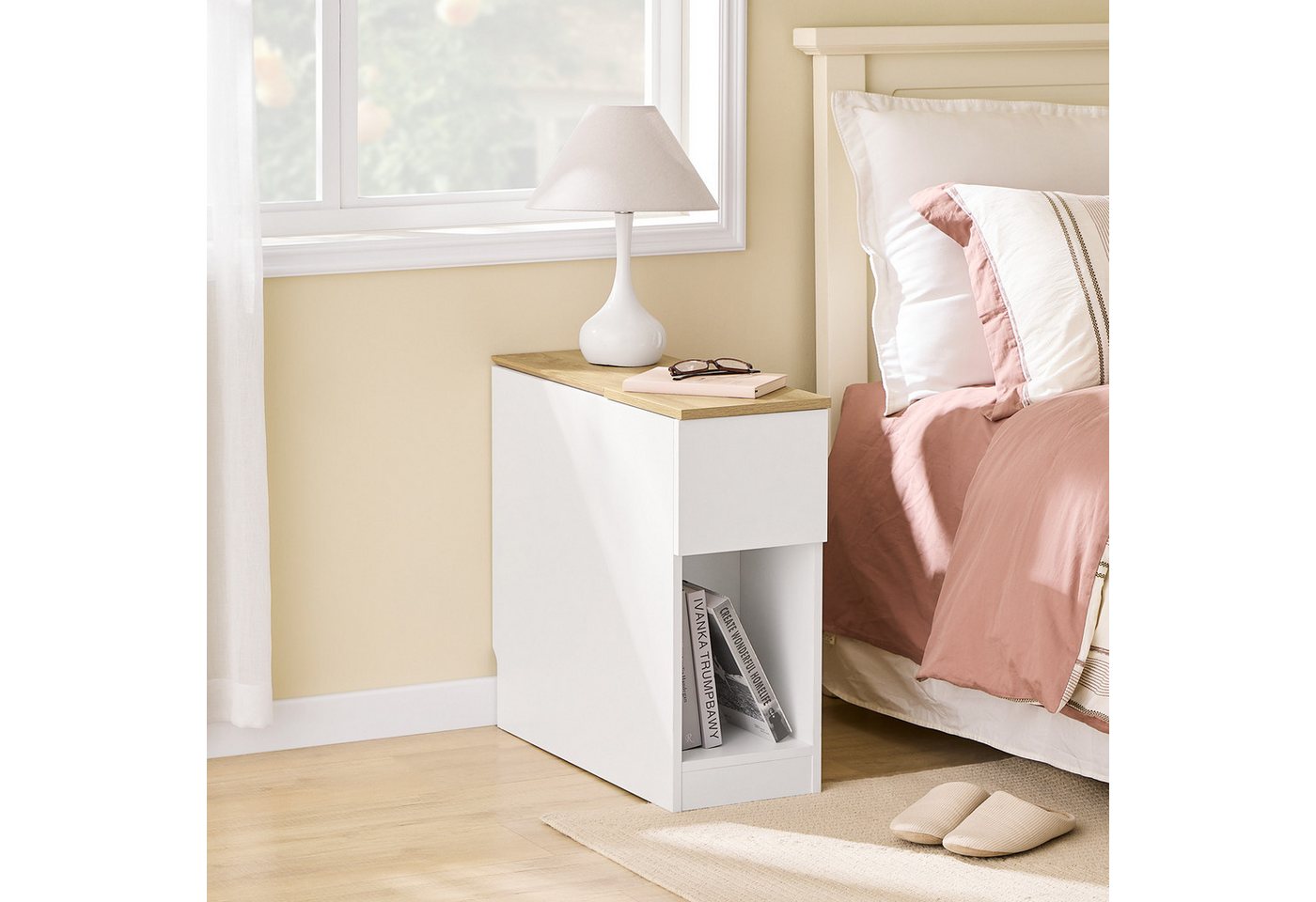 SoBuy Nachttisch FBT162, Nachtkommode, mit Stauraumregal und Schubladen, schmal, (1-St), Beistelltisch schmal, Nachtschrank Sofatisch, offenes Fach – Bild 2 von 5