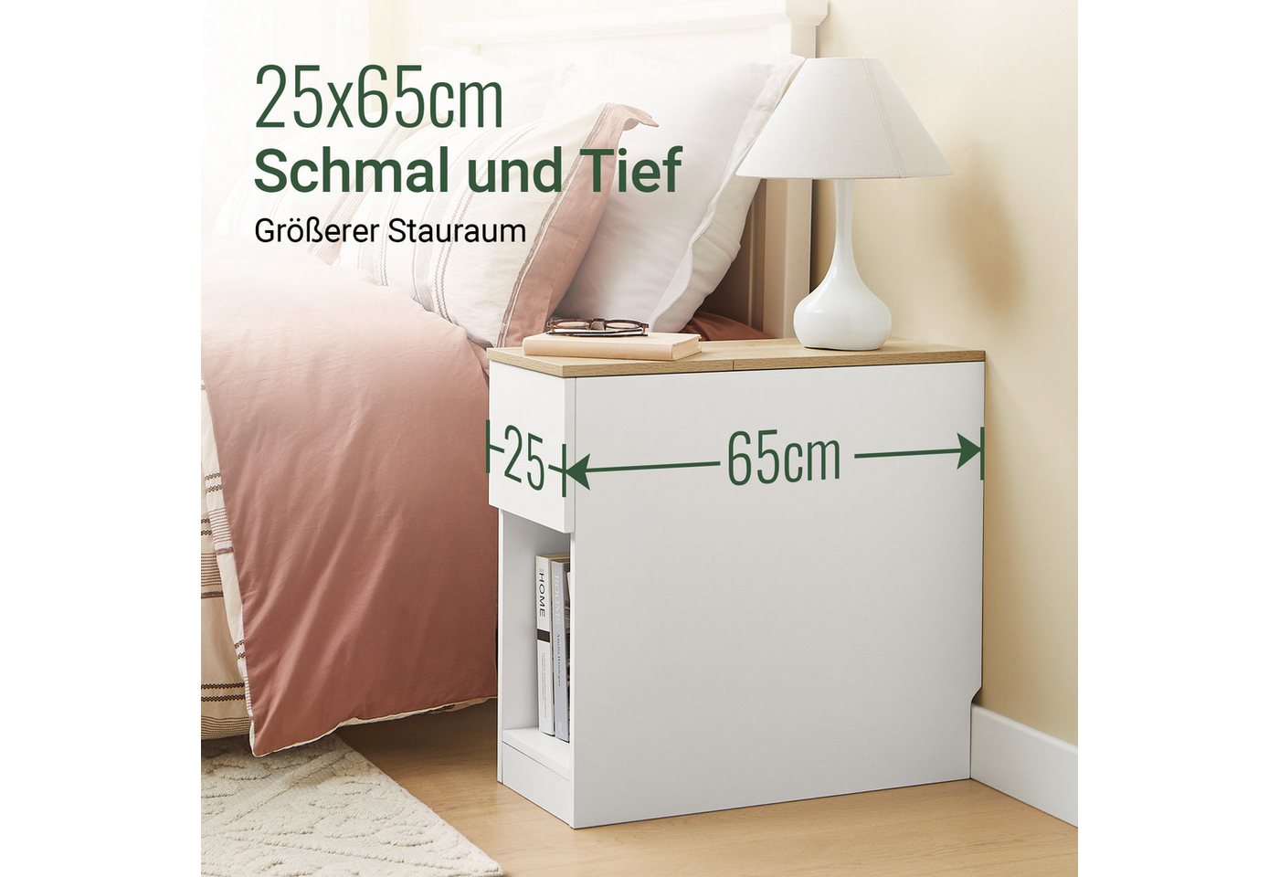 SoBuy Nachttisch FBT162, Nachtkommode, mit Stauraumregal und Schubladen, schmal, (1-St), Beistelltisch schmal, Nachtschrank Sofatisch, offenes Fach – Bild 3 von 5